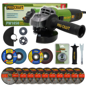 Uhlová brúska Procraft SPW1050 + rýchloupínacia matica RM14, 10x rezací kotúč CD125x1,0, 2x lamelový kotúč | SPW1050/RM14