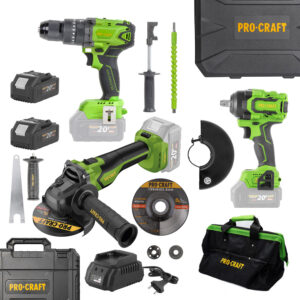 Procraft aku bezuhlíková sada náradia 20V, 5 dielov PA18BLbb, BG400, PWA18bb, PGA22, 20/4 | AKUSET1