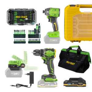 Procraft aku bezuhlíková sada náradia 20V, 5 dielov s batériou a nabíjačkou | AKUSET2